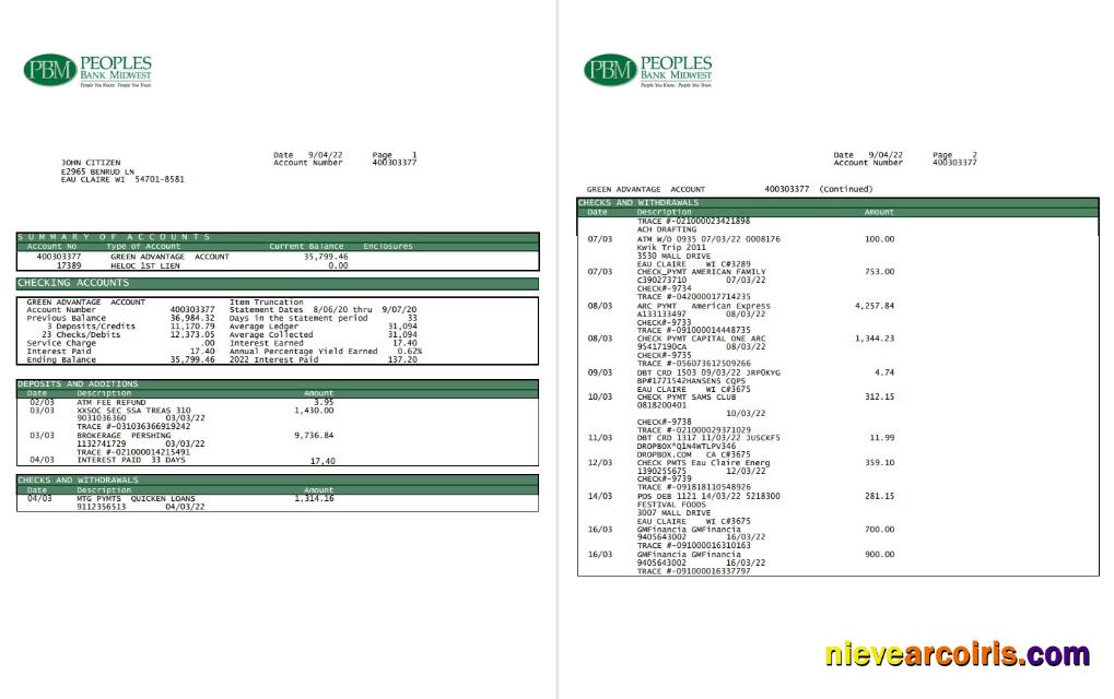 USA Peoples Bank Midwest (PBM) bank statement 5 pages